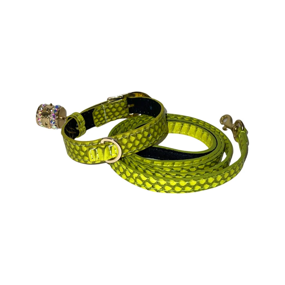 XS 7”-14” Light Neon Green Custom Snake Collar/Custom Gold Italian Hardware & Leash Set. Including Swarovski Crystal Charm - Image 2