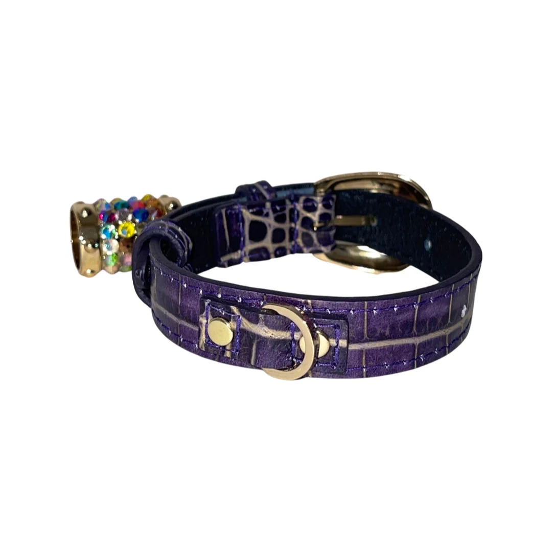 XS 7”-14” Purple/Gold Embossed Croc Italian Leather Collar/Custom Gold Oval Italian Hardware & Swarovski Crystal Charm - Image 2
