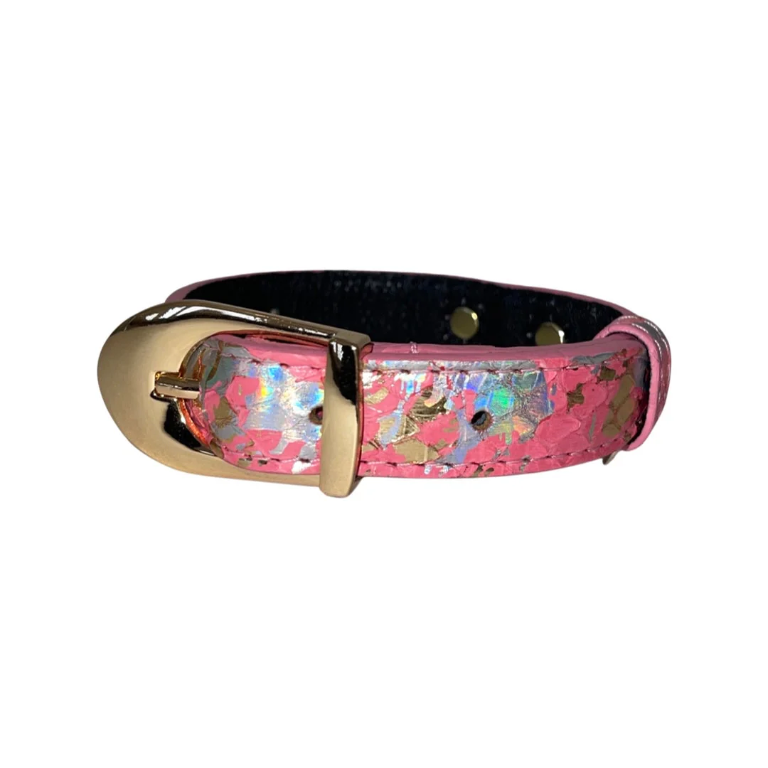 XS/S 7”-14” Bubblegum Pink/Gold/Silver Art Deco Custom Snake Collar/Custom Gold Italian Hardware - Image 4