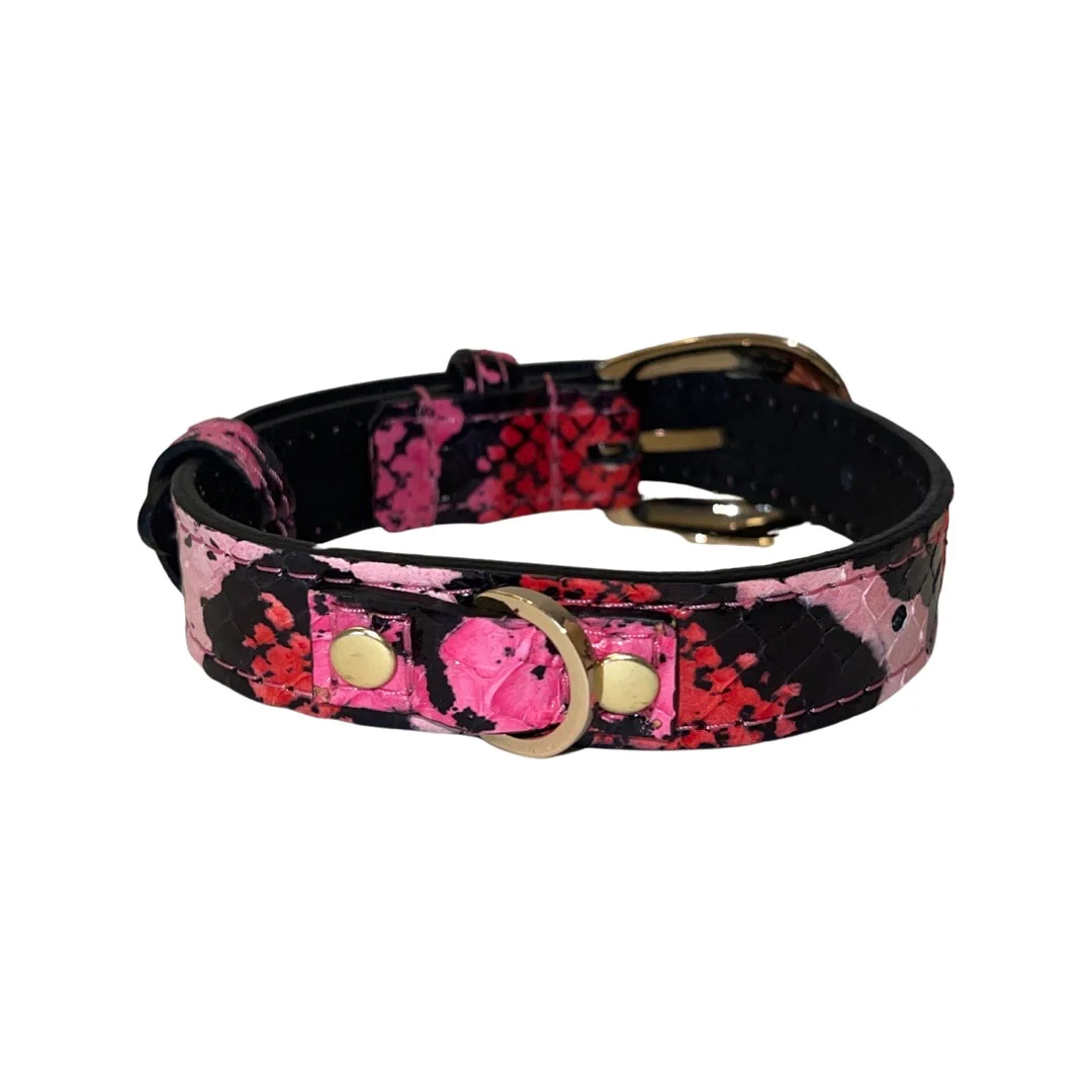 XS/S 7”-14” Fuchsia/Light Pink/Red & Black Snake Collar/Custom Gold Italian Hardware - Image 2