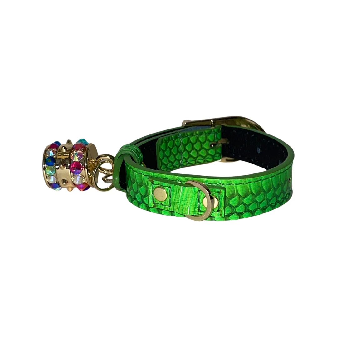 XS/S 7”-14” Neon Green Custom Snake Collar/Custom Gold Italian Hardware & Swarovski Crystal Charm - Image 2