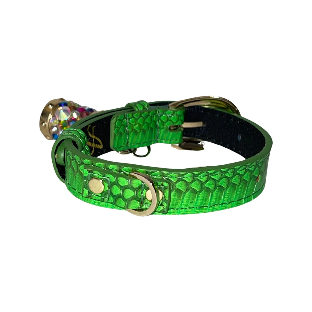 XS/S 7”-14” Neon Green Custom Snake Collar/Custom Gold Oval Italian Hardware & Swarovski Crystal Charm - Image 2