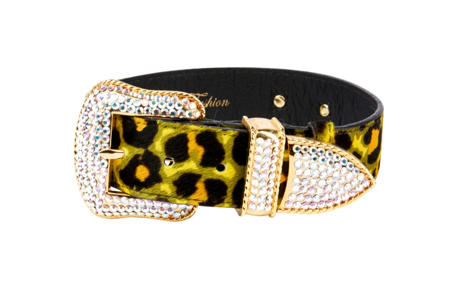 Yellow, Green, Black, Orange Leopard Print Hair On Hide Italian Leather Collar, With Swarovski Crystal Hardware - Image 2