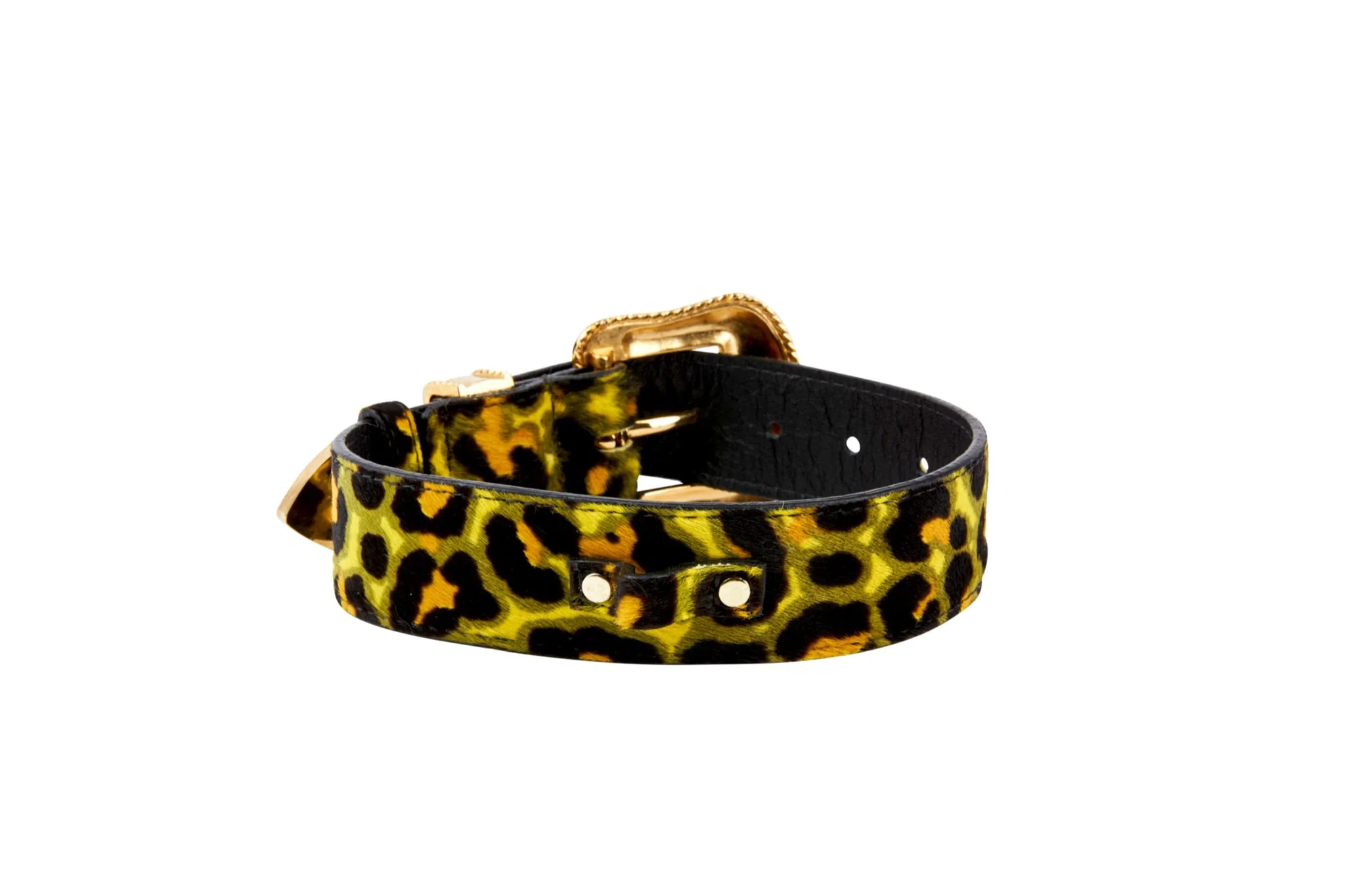 Yellow, Green, Black, Orange Leopard Print Hair On Hide Italian Leather Collar, With Swarovski Crystal Hardware - Image 3